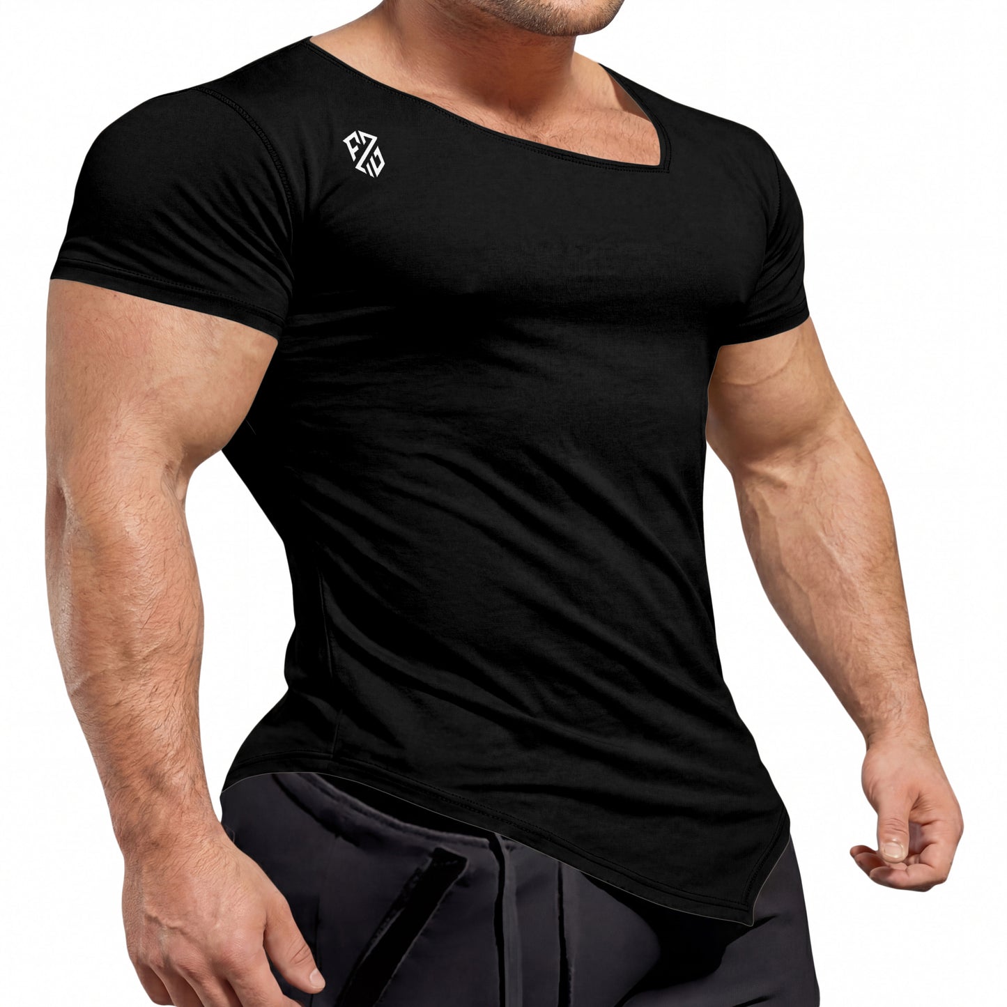 Fitted black short sleeve athletic t-shirt with white logo, worn by muscular man