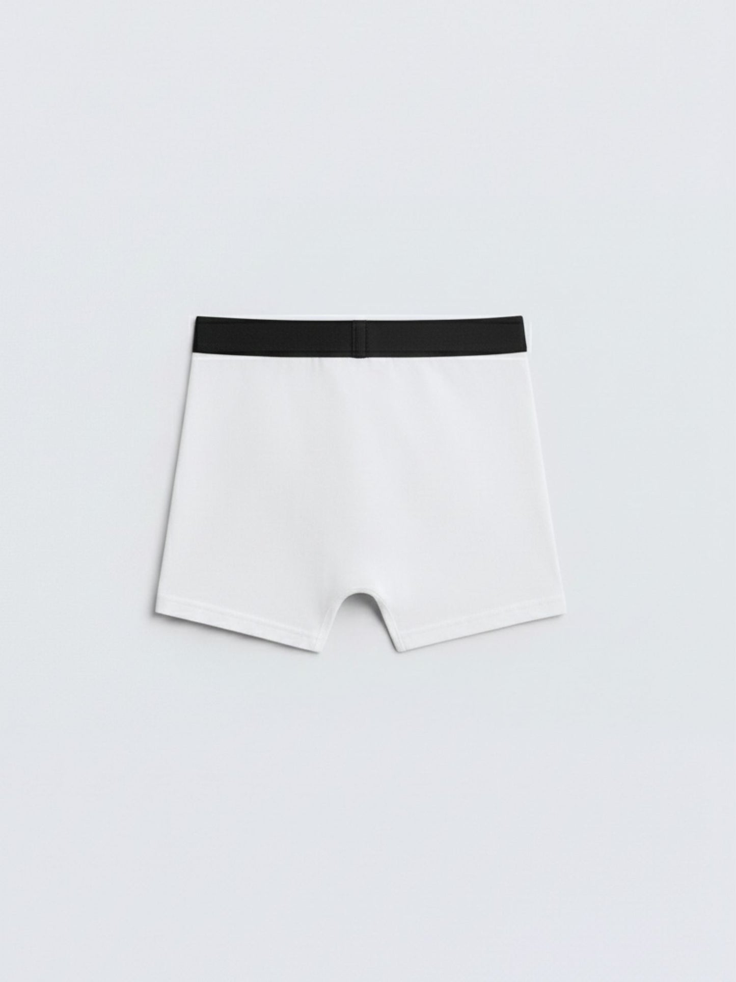 White boxer briefs with black waistband, back view on plain background