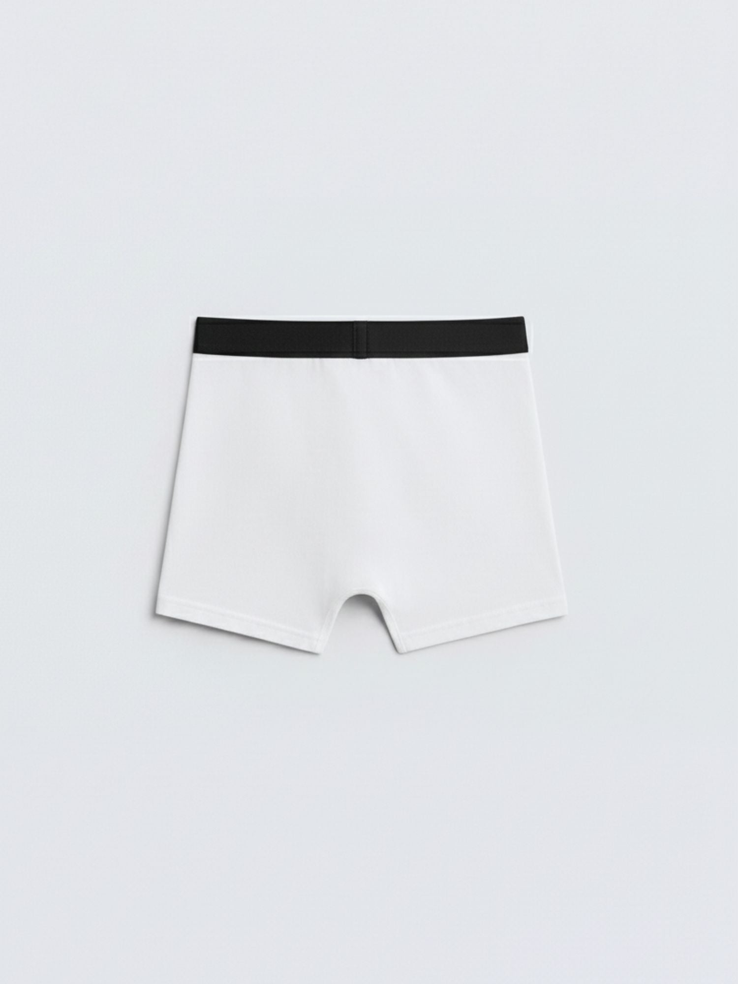 White boxer briefs with black waistband, back view on plain background