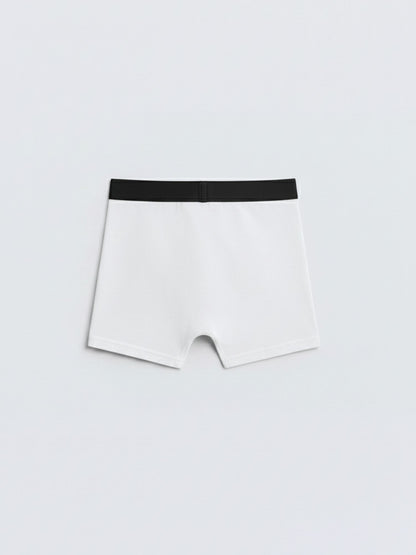 White boxer briefs with black waistband, back view on plain background