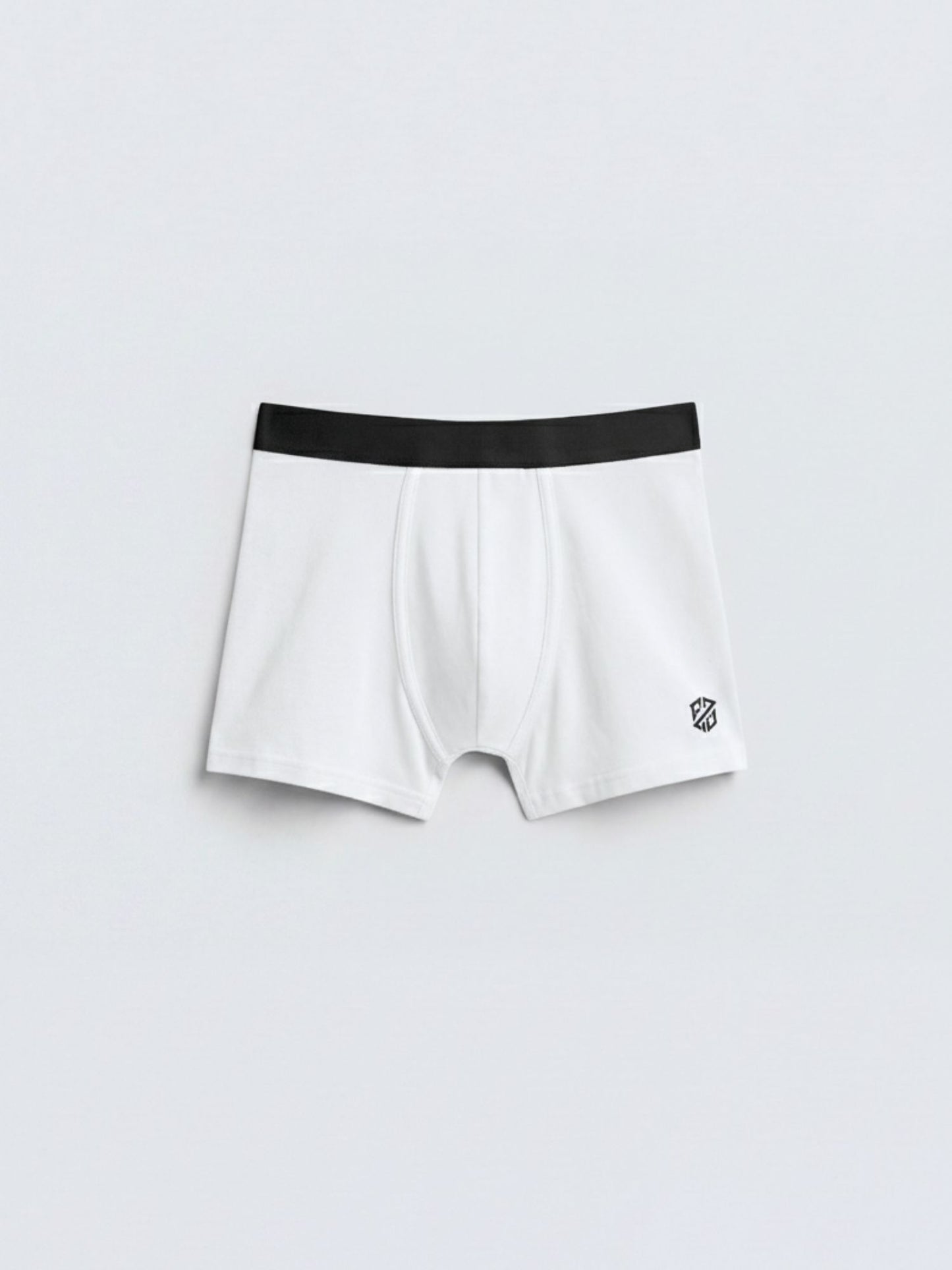 Men's white boxer briefs with black waistband and small logo on front, isolated on light background