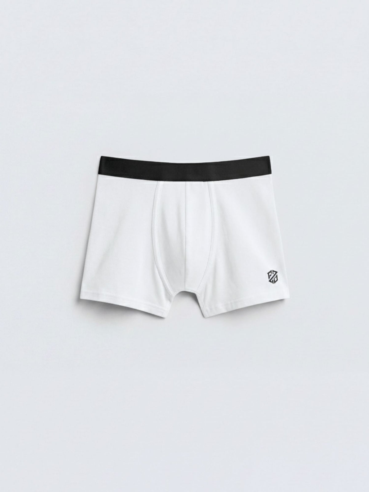 Men's white boxer briefs with black waistband and small logo on front, isolated on light background