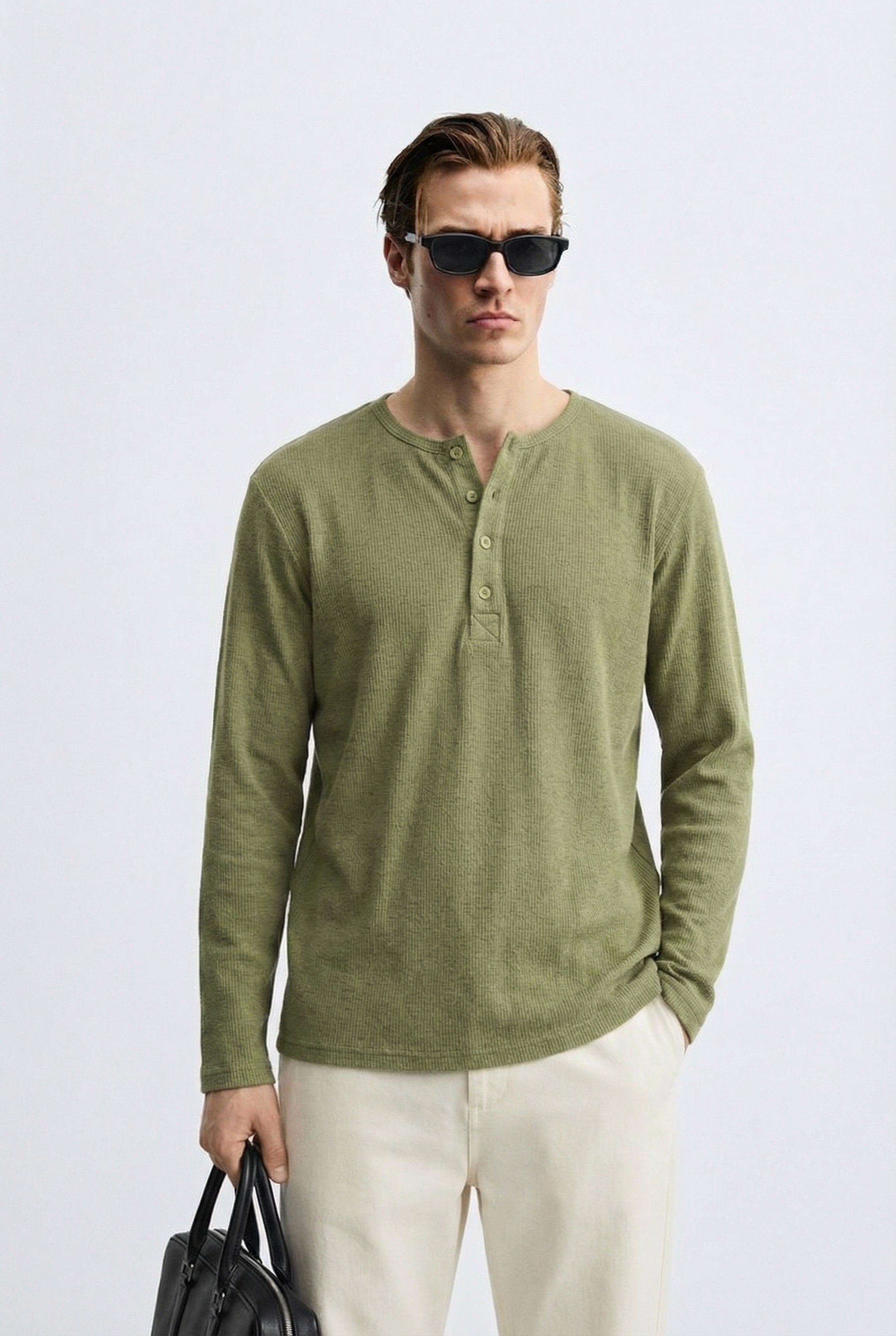 Men’s Luxury Waffle-Knit Henley – Sage Olive Relaxed Fit