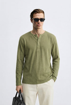 Men’s Luxury Waffle-Knit Henley – Sage Olive Relaxed Fit