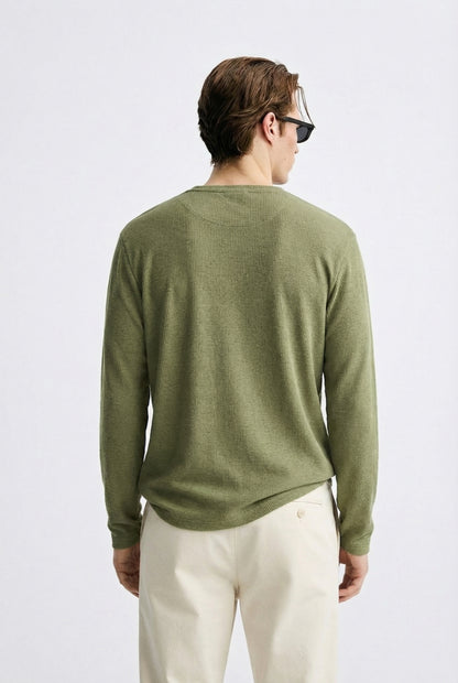 Men’s Luxury Waffle-Knit Henley – Sage Olive Relaxed Fit