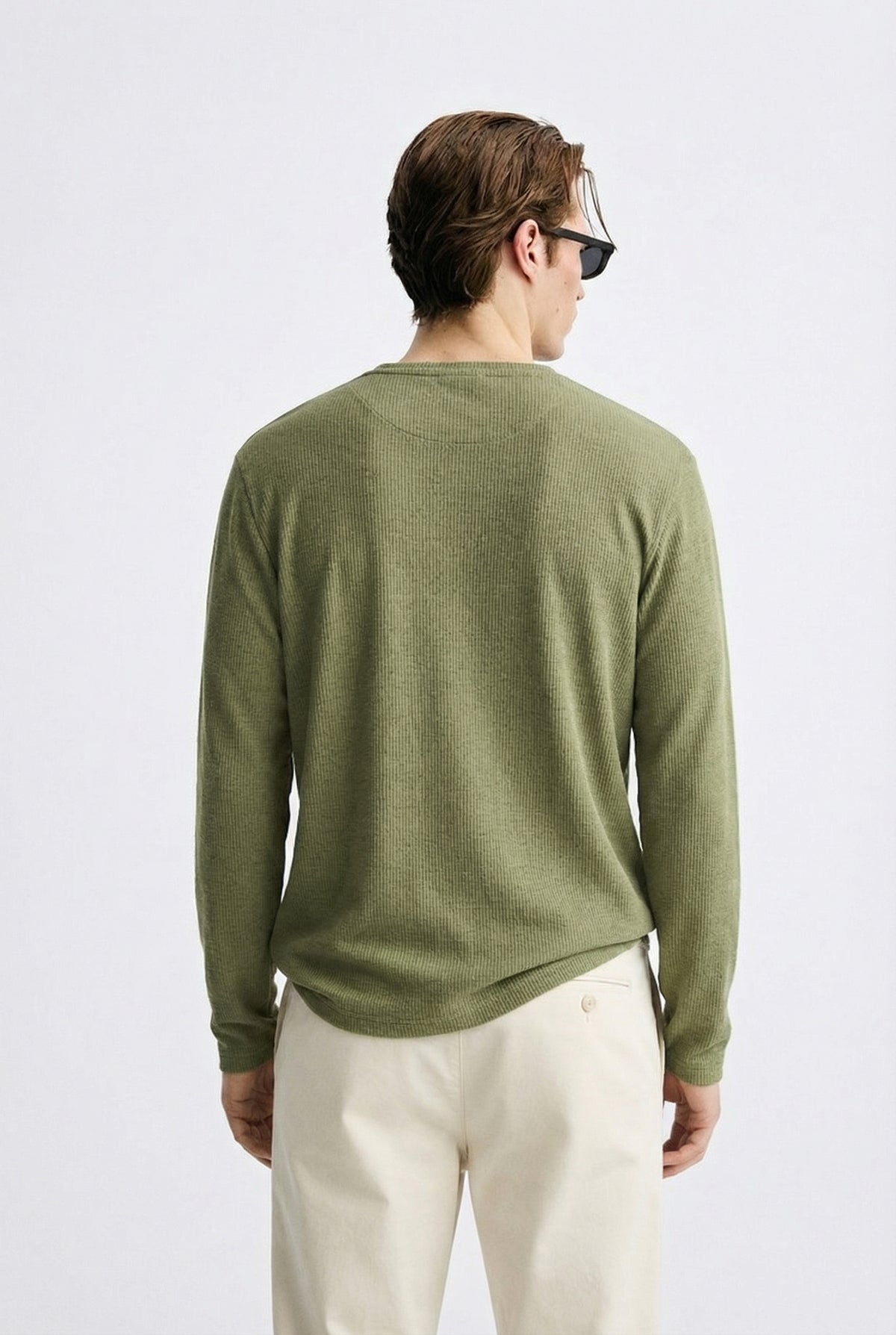 Men’s Luxury Waffle-Knit Henley – Sage Olive Relaxed Fit - Hover Image