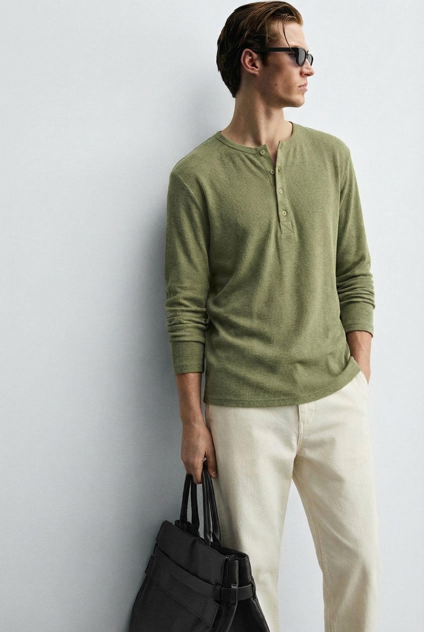 Men’s Luxury Waffle-Knit Henley – Sage Olive Relaxed Fit