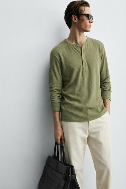 Men’s Luxury Waffle-Knit Henley – Sage Olive Relaxed Fit