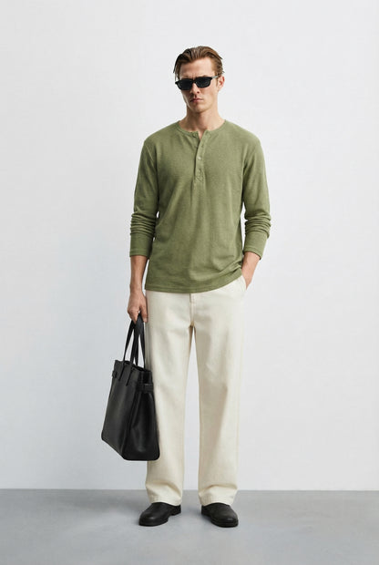 Men’s Luxury Waffle-Knit Henley – Sage Olive Relaxed Fit