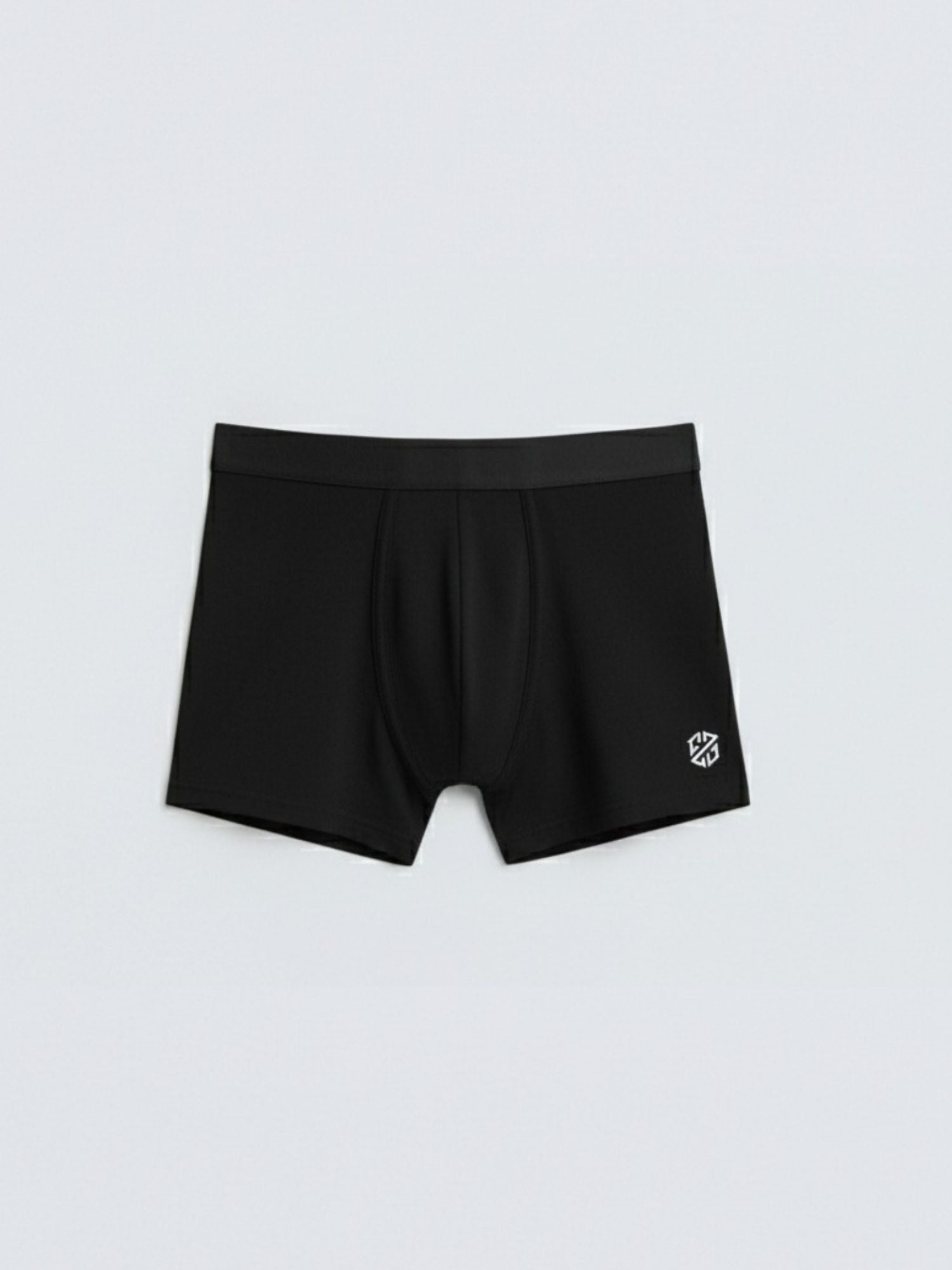 Black men's boxer briefs with logo on leg, laid flat on white background