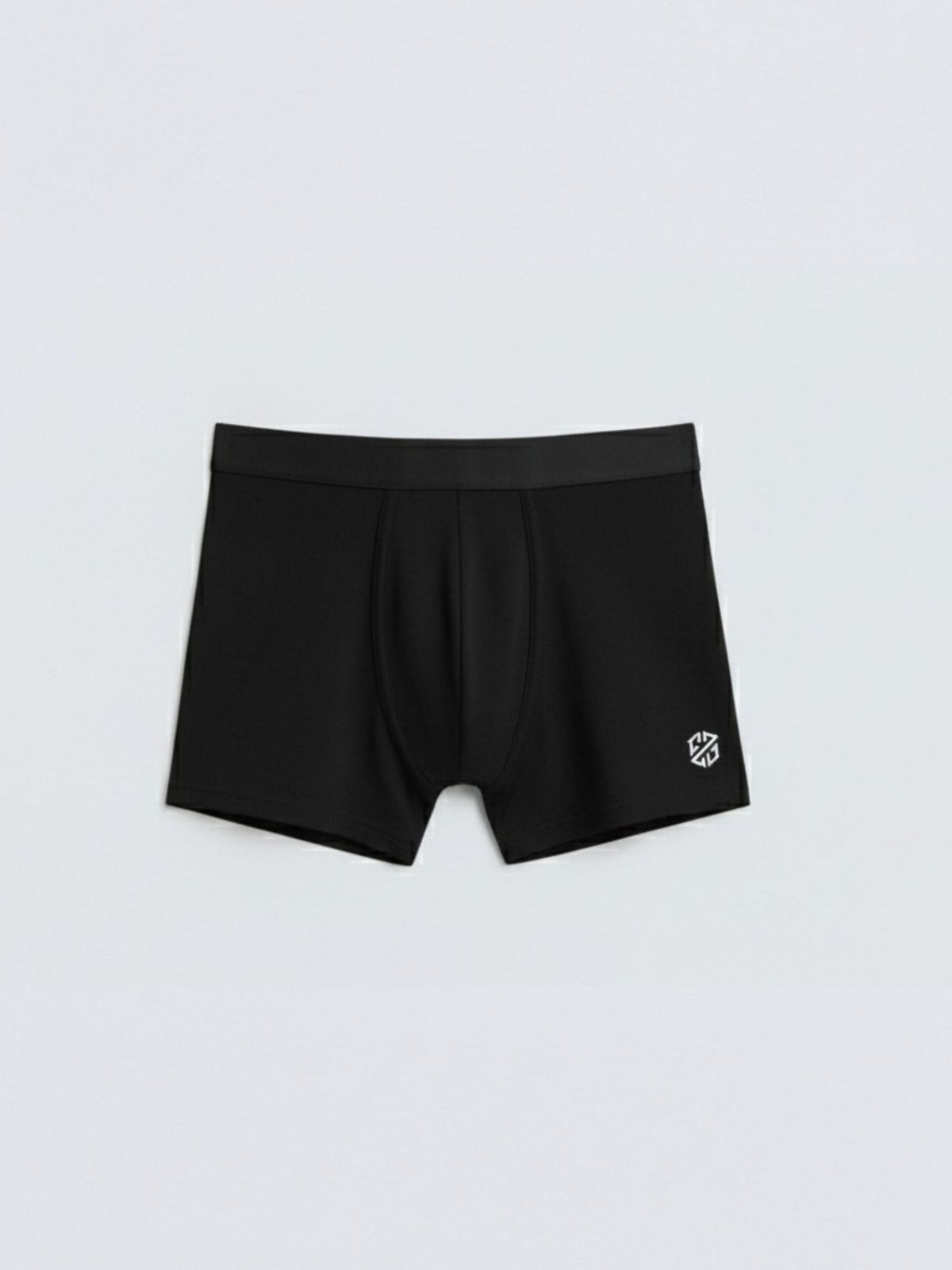 Black men's boxer briefs with logo on leg, laid flat on white background