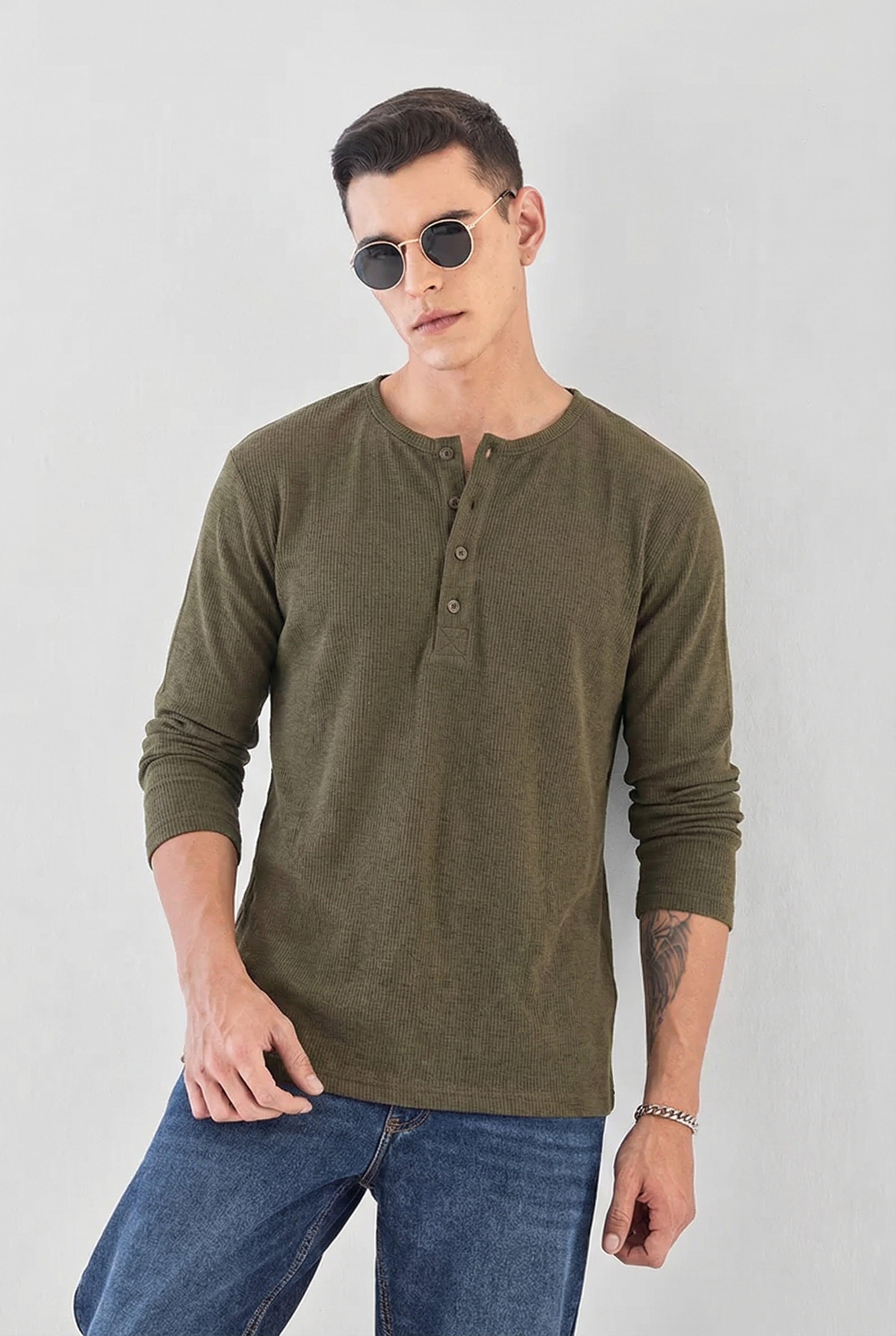Men's Military Olive Waffle-Knit Henley – Premium Long Sleeve Thermal