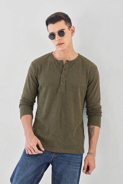 Men's Military Olive Waffle-Knit Henley – Premium Long Sleeve Thermal