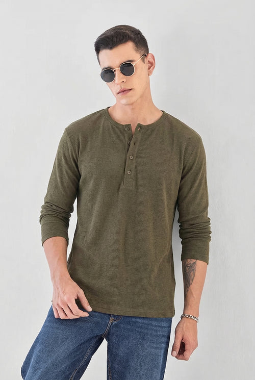 Men's Military Olive Waffle-Knit Henley – Premium Long Sleeve Thermal