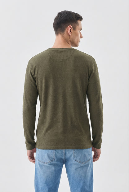 Men's Military Olive Waffle-Knit Henley – Premium Long Sleeve Thermal