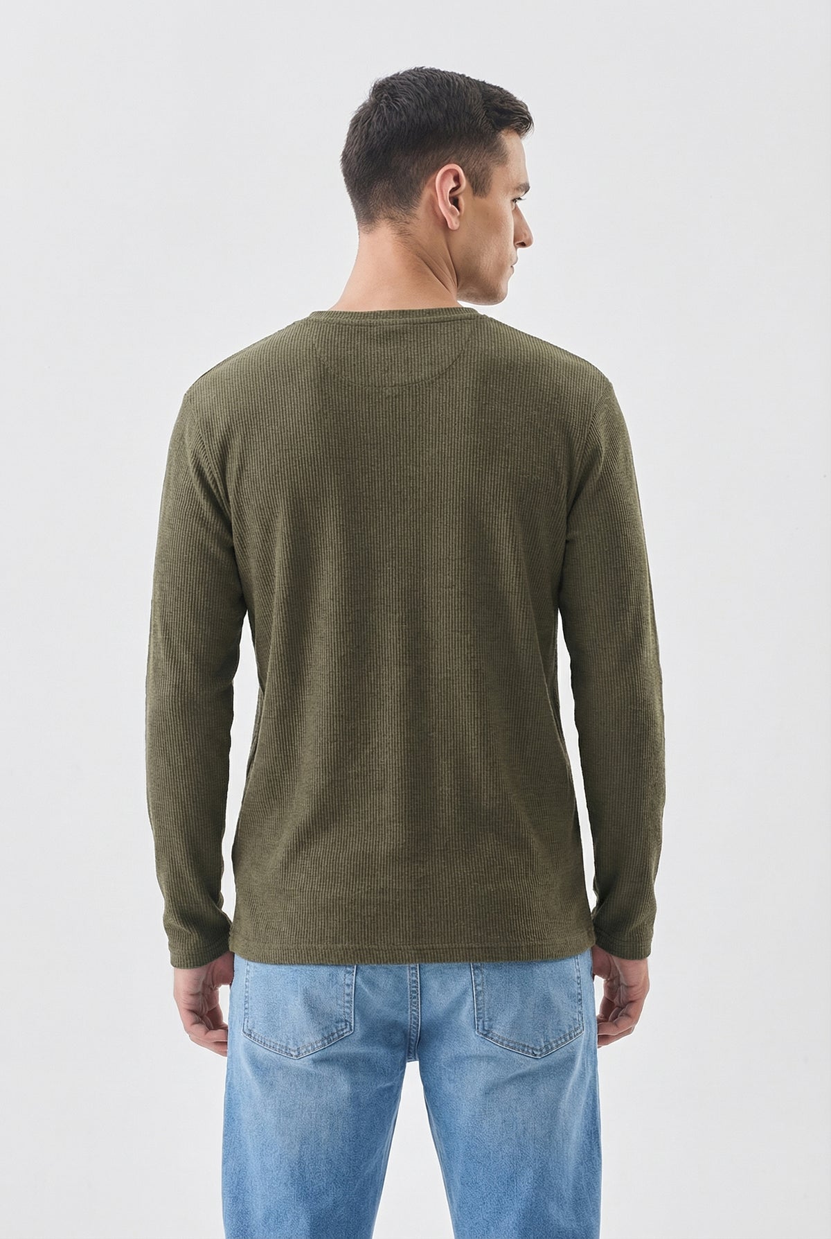 Men's Military Olive Waffle-Knit Henley – Premium Long Sleeve Thermal - Hover Image