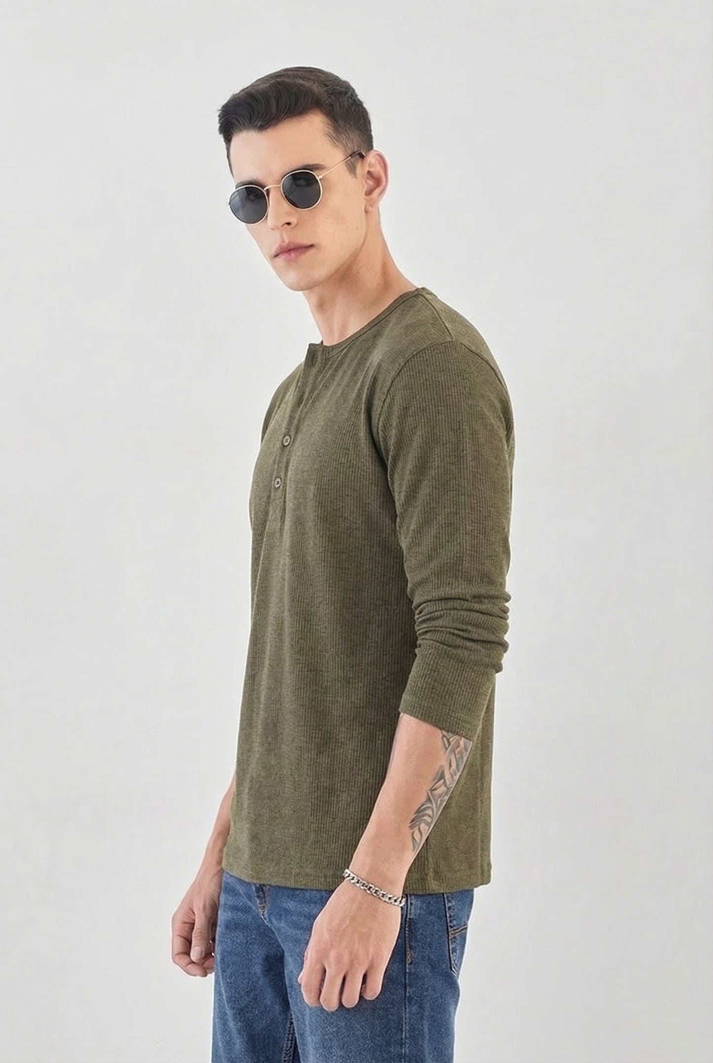 Men's Military Olive Waffle-Knit Henley – Premium Long Sleeve Thermal
