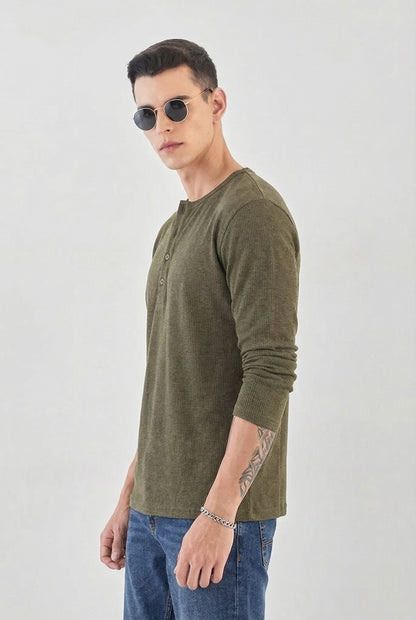 Men's Military Olive Waffle-Knit Henley – Premium Long Sleeve Thermal