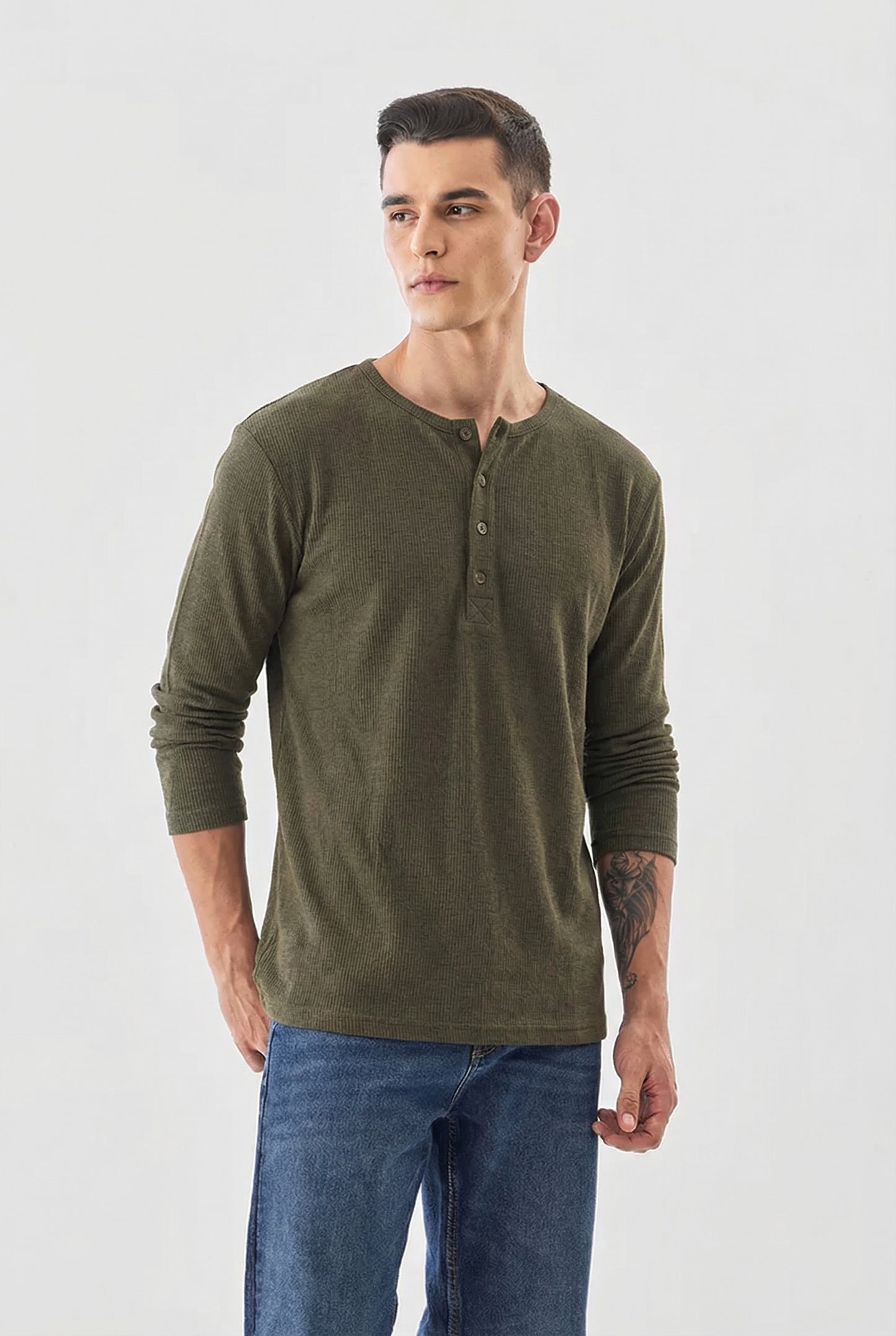 Men's Military Olive Waffle-Knit Henley – Premium Long Sleeve Thermal