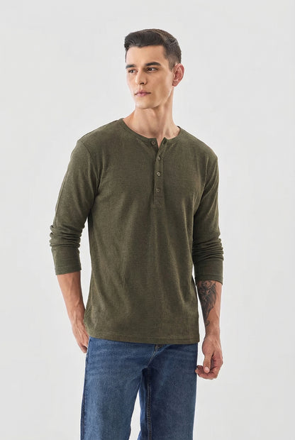 Men's Military Olive Waffle-Knit Henley – Premium Long Sleeve Thermal