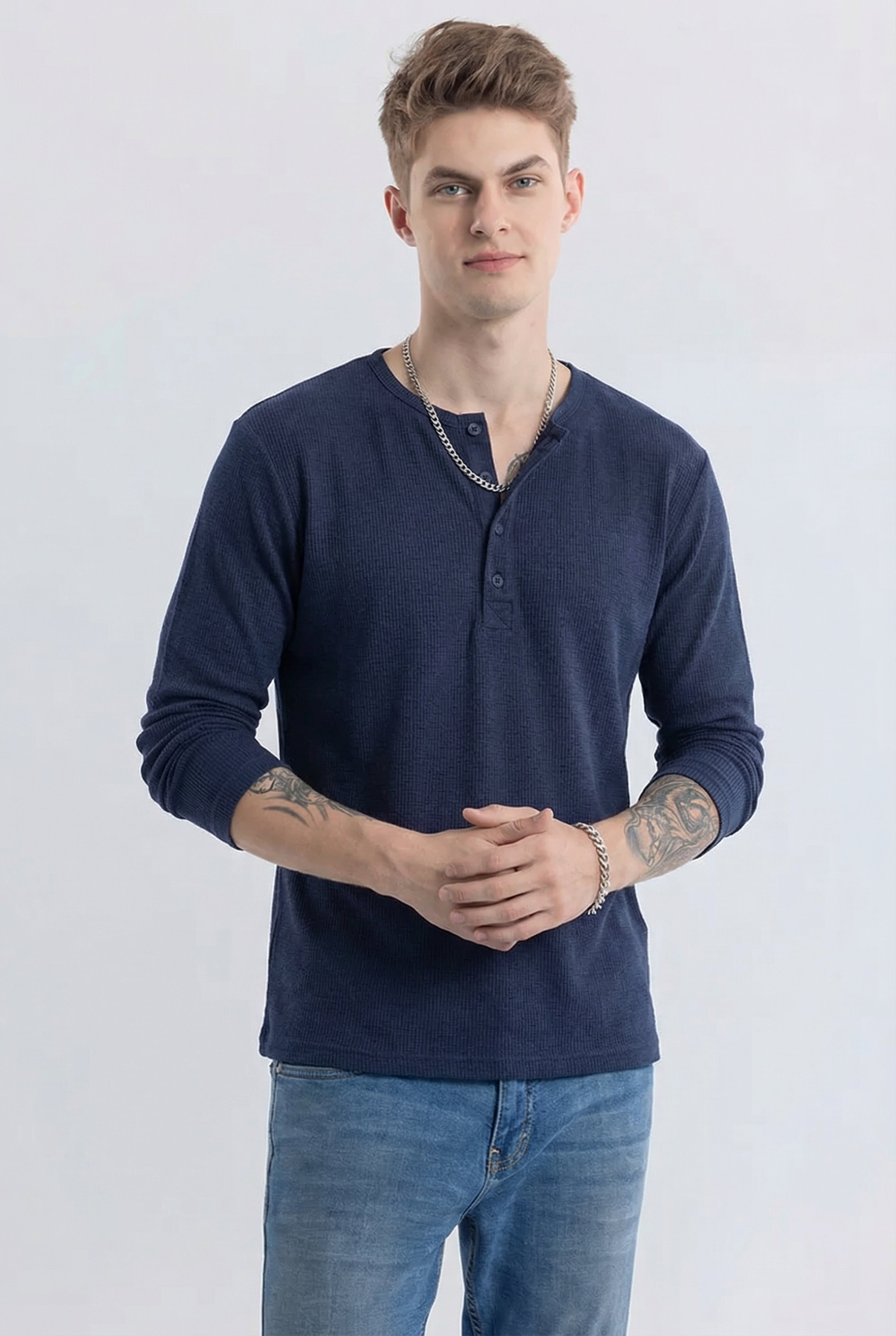 Men's Navy Blue Waffle Knit Henley – Long Sleeve Thermal Slim Fit Top