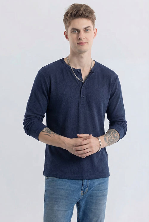Men's Navy Blue Waffle Knit Henley – Long Sleeve Thermal Slim Fit Top