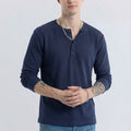 Men's Navy Blue Waffle Knit Henley – Long Sleeve Thermal Slim Fit Top