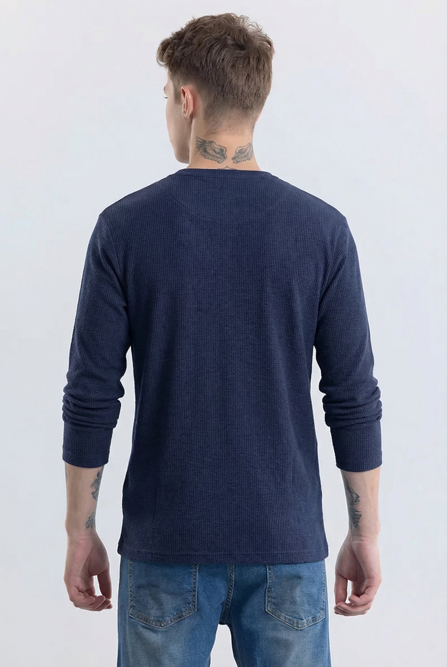 Men's Navy Blue Waffle Knit Henley – Long Sleeve Thermal Slim Fit Top