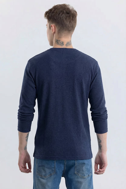 Men's Navy Blue Waffle Knit Henley – Long Sleeve Thermal Slim Fit Top