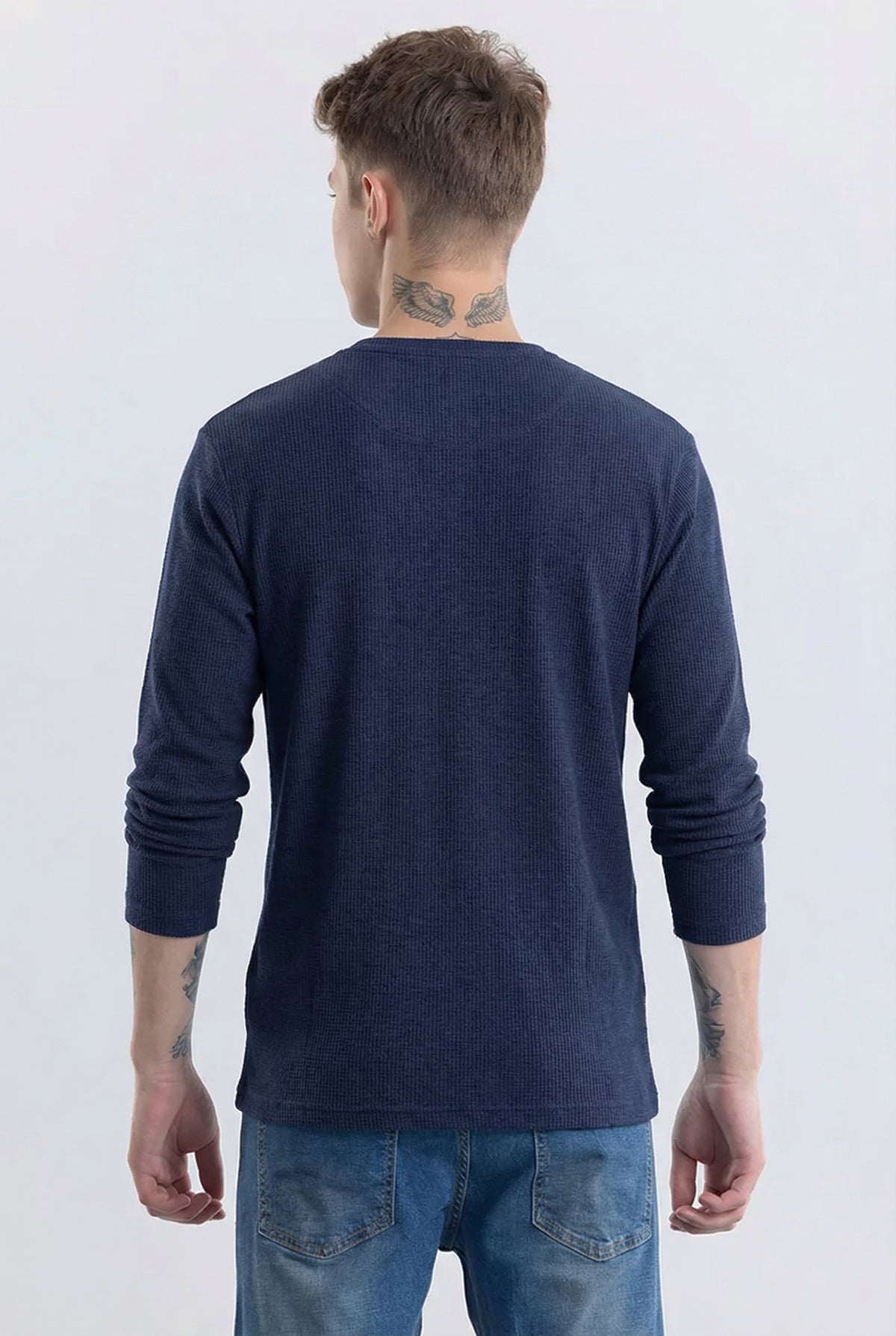 Men's Navy Blue Waffle Knit Henley – Long Sleeve Thermal Slim Fit Top - Hover Image