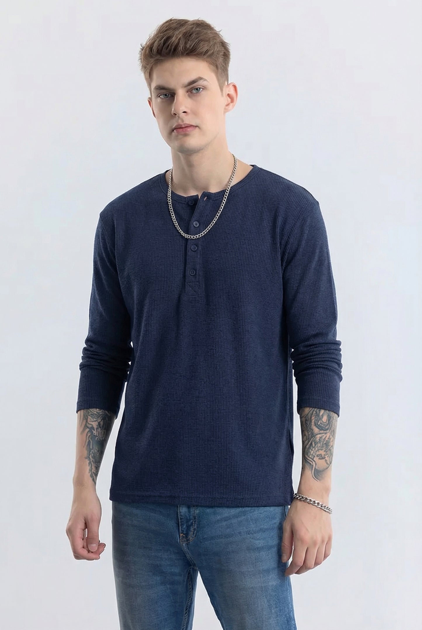 Men's Navy Blue Waffle Knit Henley – Long Sleeve Thermal Slim Fit Top