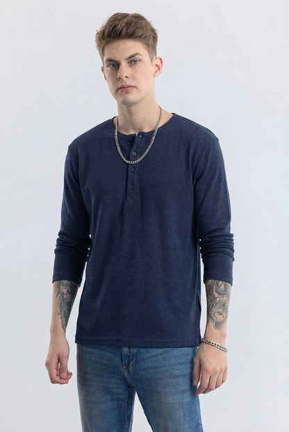 Men's Navy Blue Waffle Knit Henley – Long Sleeve Thermal Slim Fit Top