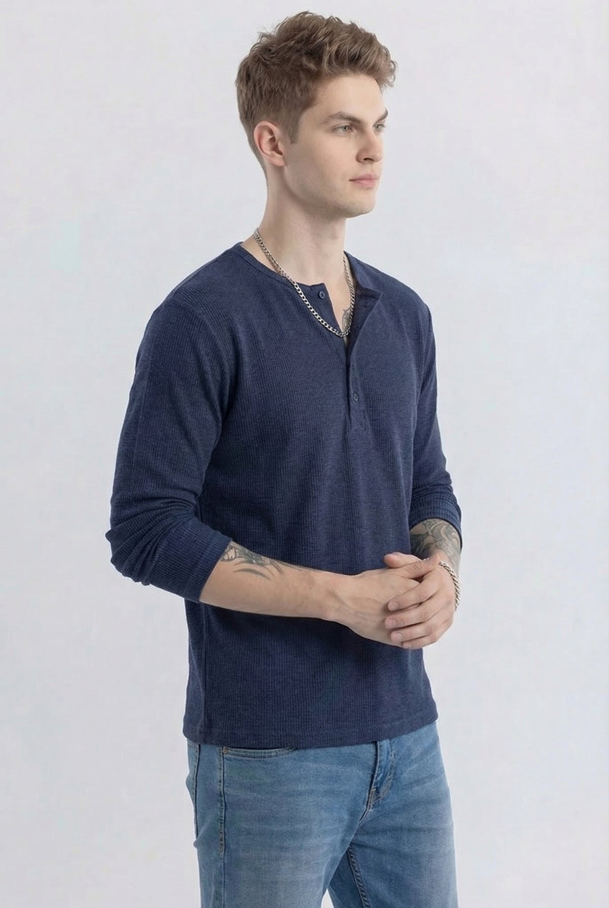 Men's Navy Blue Waffle Knit Henley – Long Sleeve Thermal Slim Fit Top