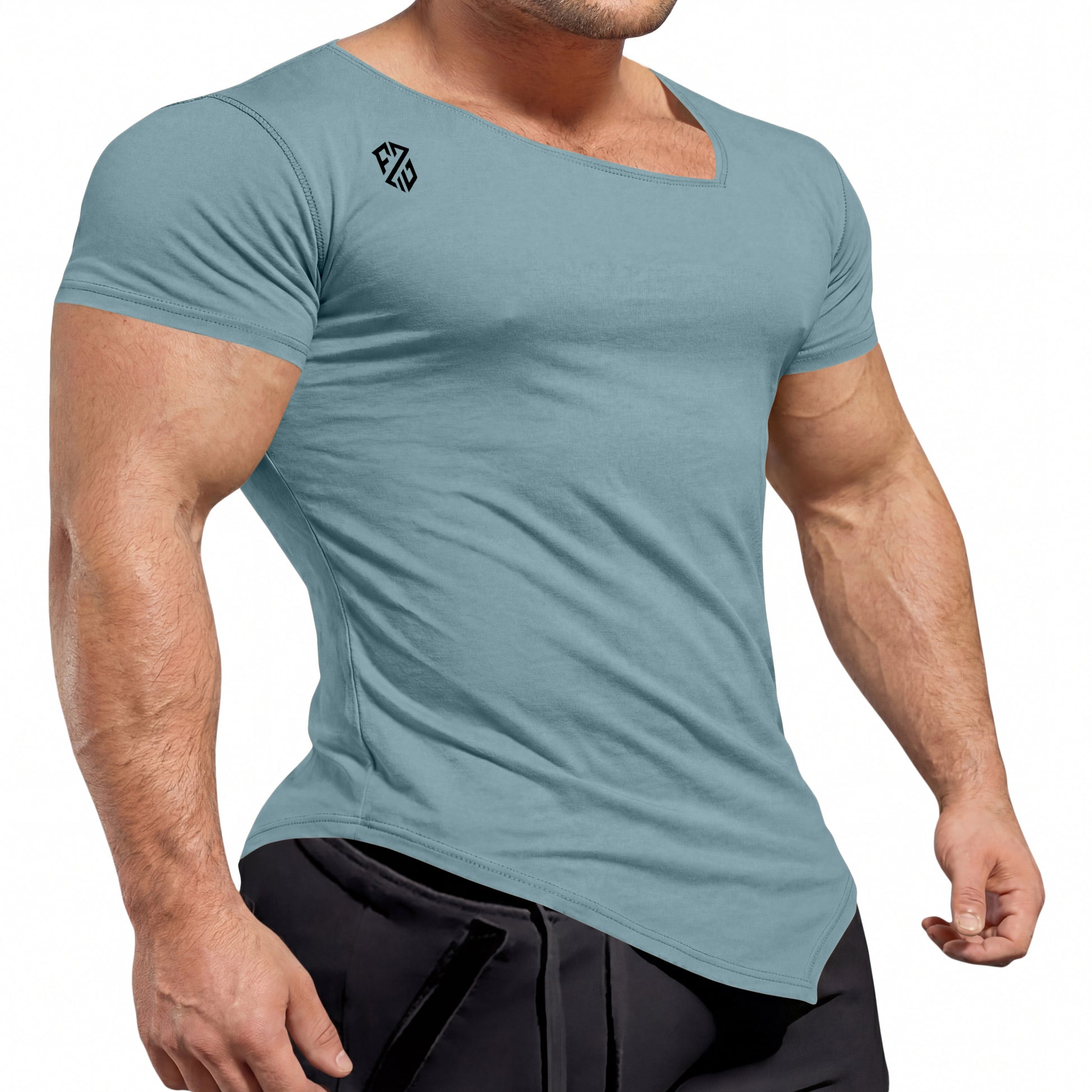 Fitted light blue muscle t-shirt with short sleeves, scoop neck, and chest logo