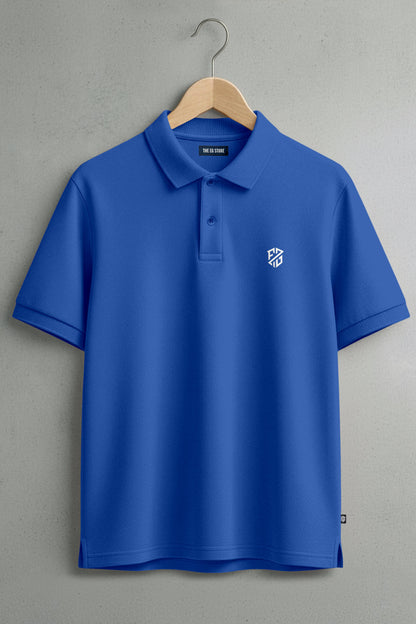 Blue polo shirt with collar, button placket, and white embroidered logo on chest