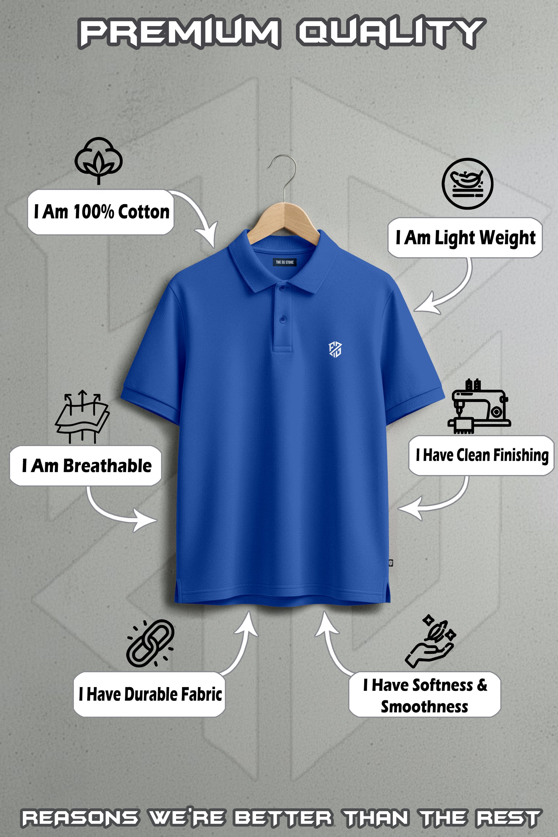 Blue cotton polo shirt on hanger with breathable, lightweight, and durable fabric features.