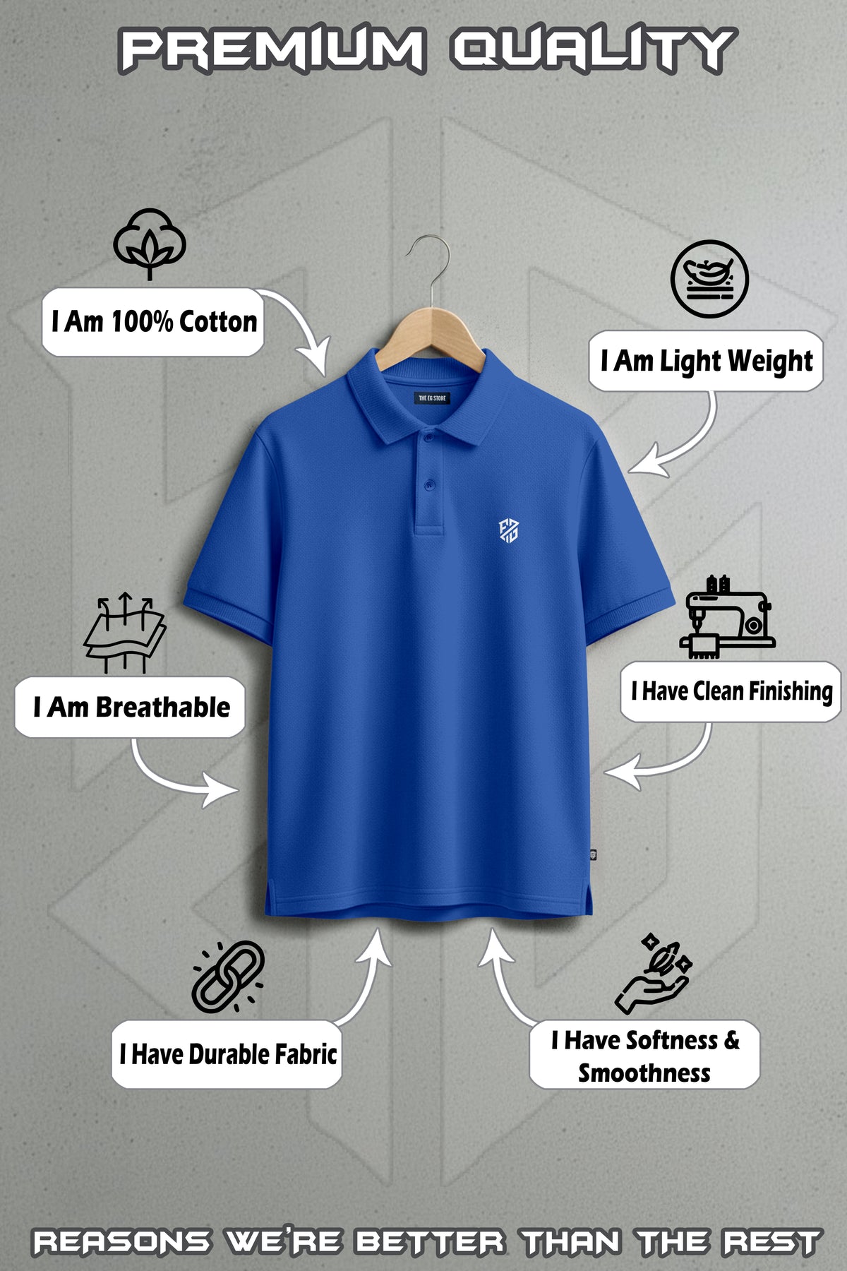 Blue cotton polo shirt on hanger with breathable, lightweight, and durable fabric features.