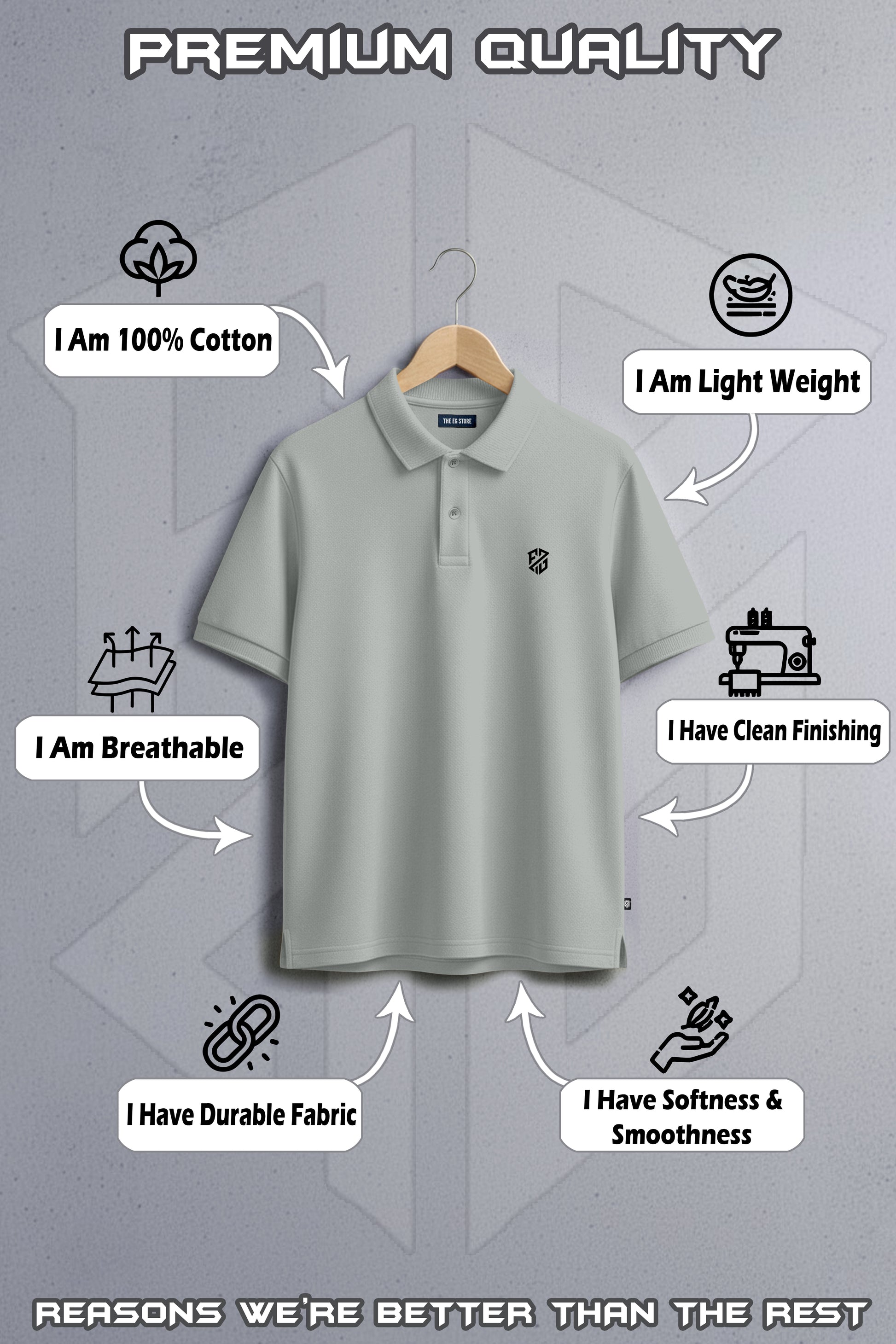 Light grey cotton polo shirt on hanger with quality features like breathable, durable, soft fabric.