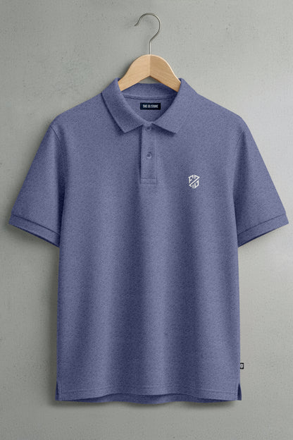 Blue short sleeve polo shirt with white embroidered logo, hanging on wooden hanger