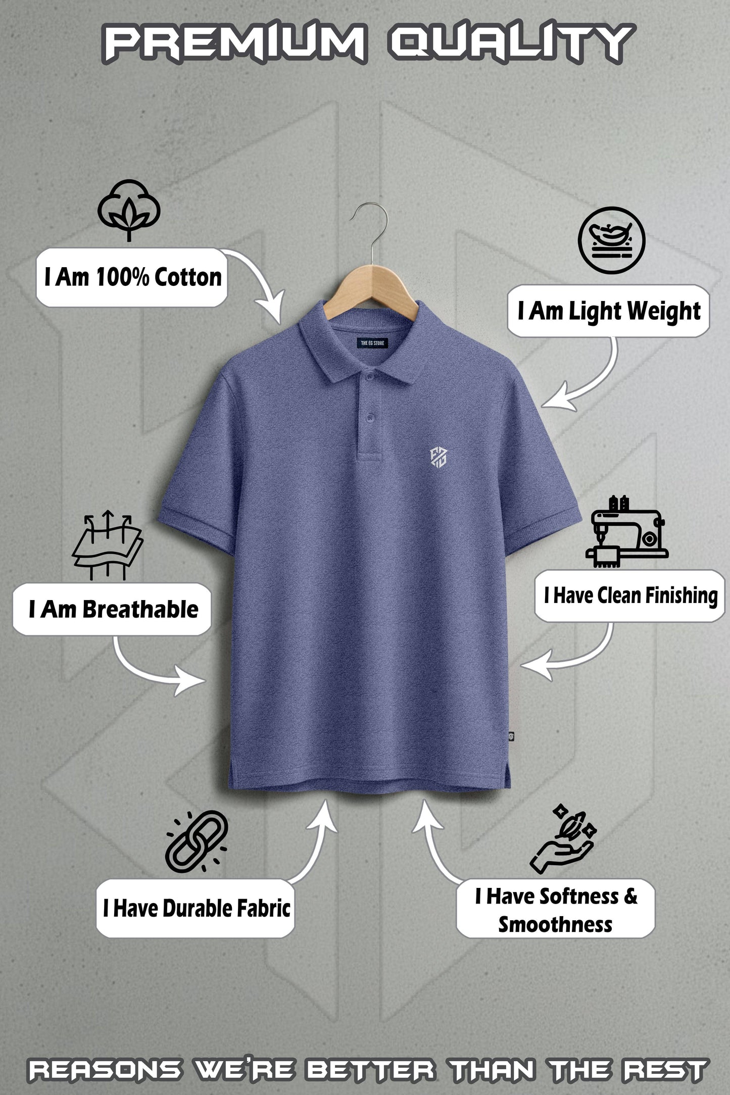 Blue cotton polo shirt on hanger with features: lightweight, breathable, durable, soft, clean finish.