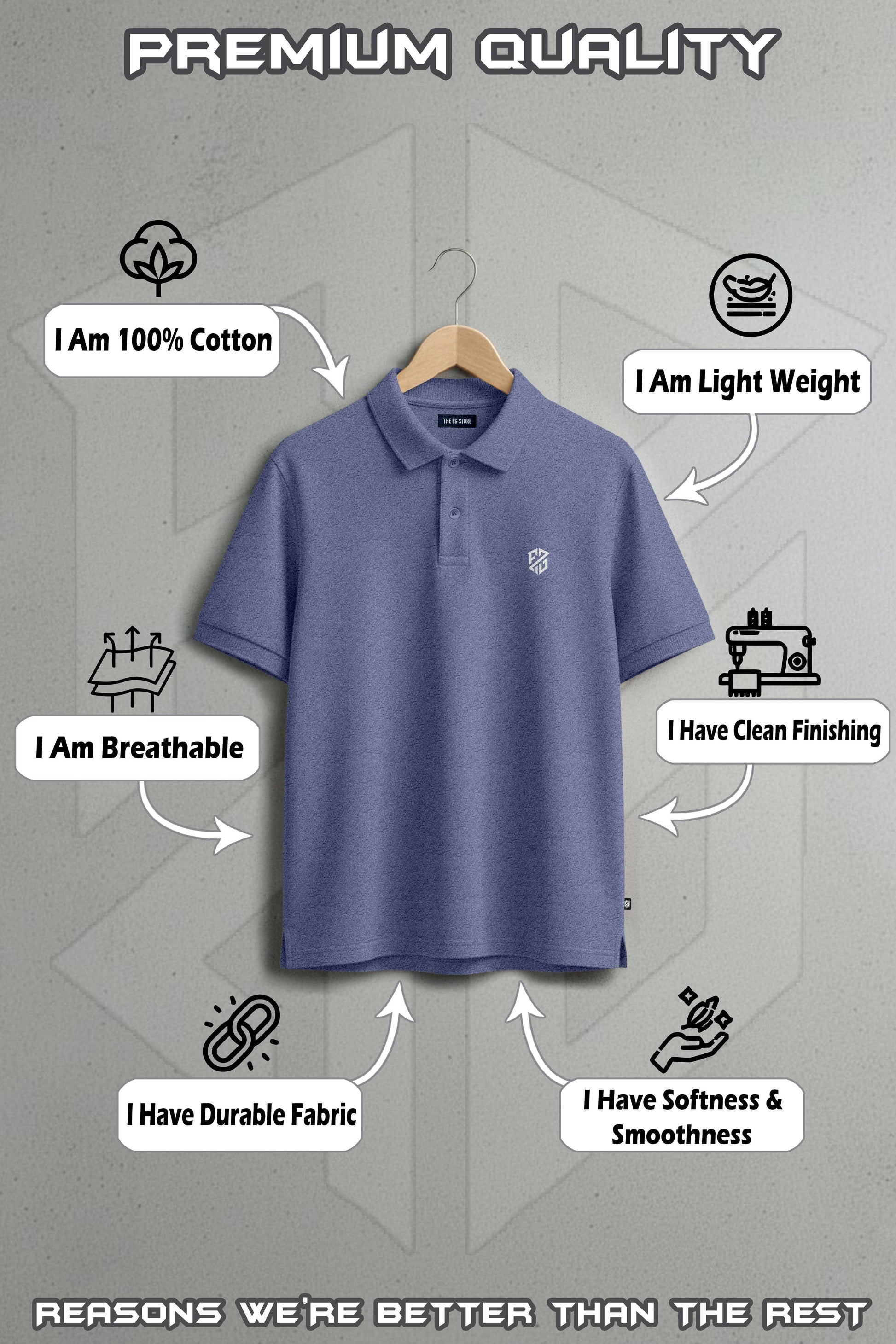 Blue cotton polo shirt on hanger with features: lightweight, breathable, durable, soft, clean finish.