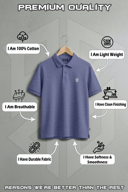 Blue cotton polo shirt on hanger with features: lightweight, breathable, durable, soft, clean finish.
