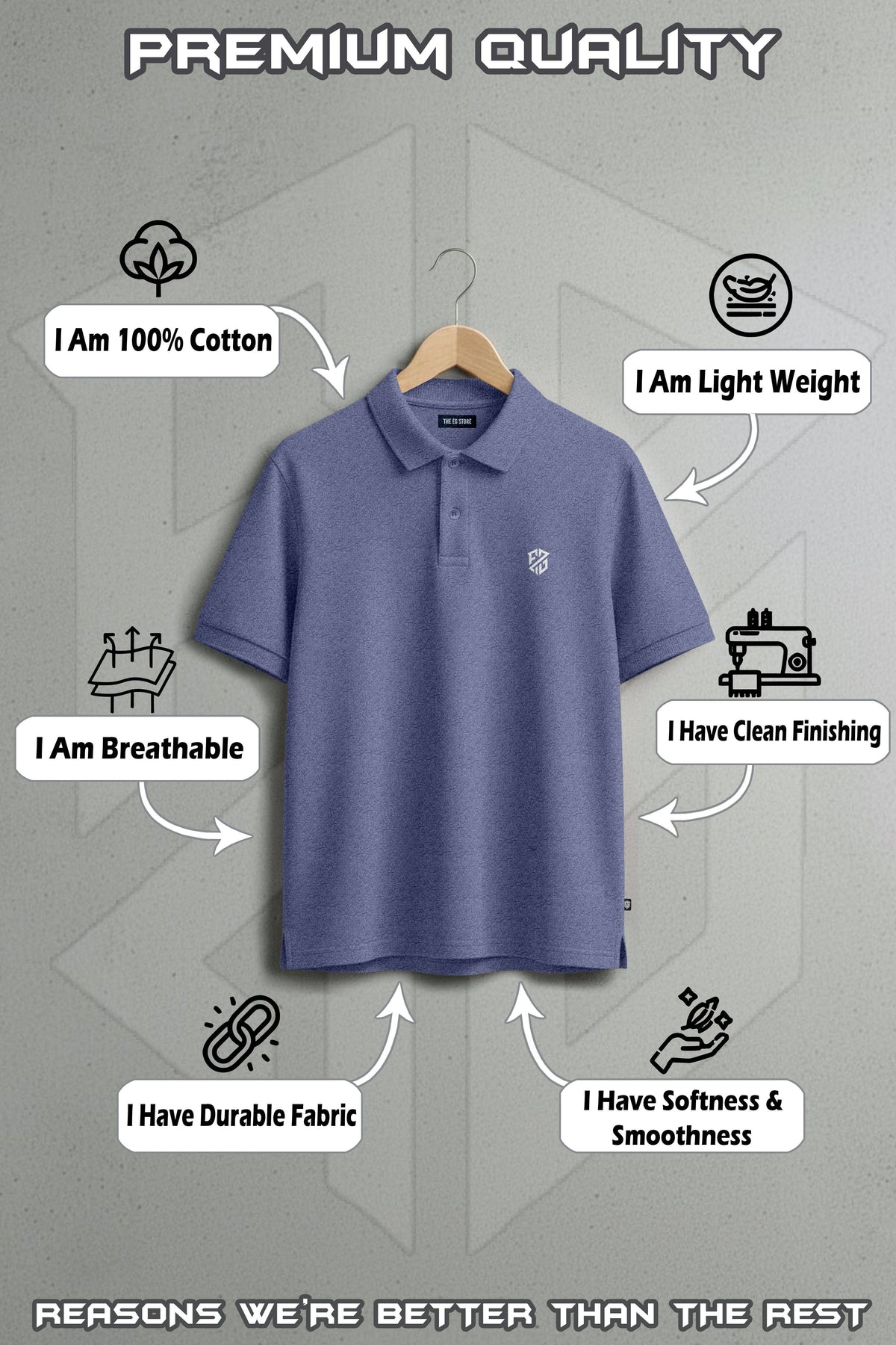 Blue cotton polo shirt on hanger with features: lightweight, breathable, durable, soft, clean finish.