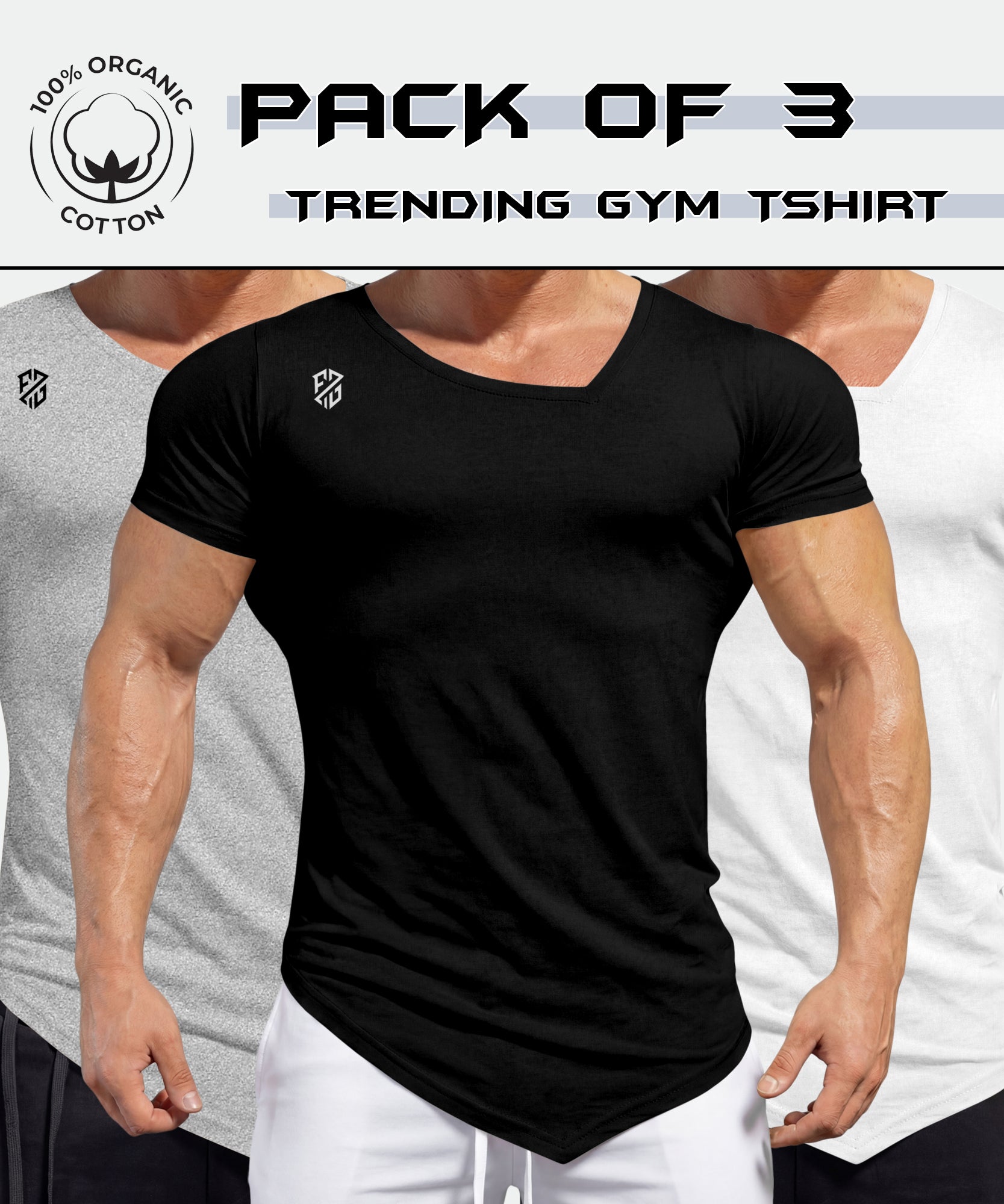 Pack of 3 gym t-shirts for men in black, grey, and white, 100% organic cotton