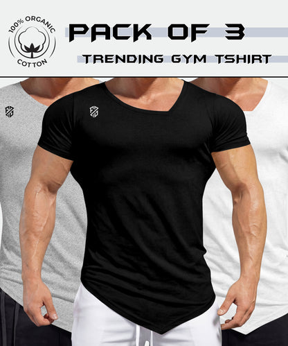 Pack of 3 gym t-shirts for men in black, grey, and white, 100% organic cotton