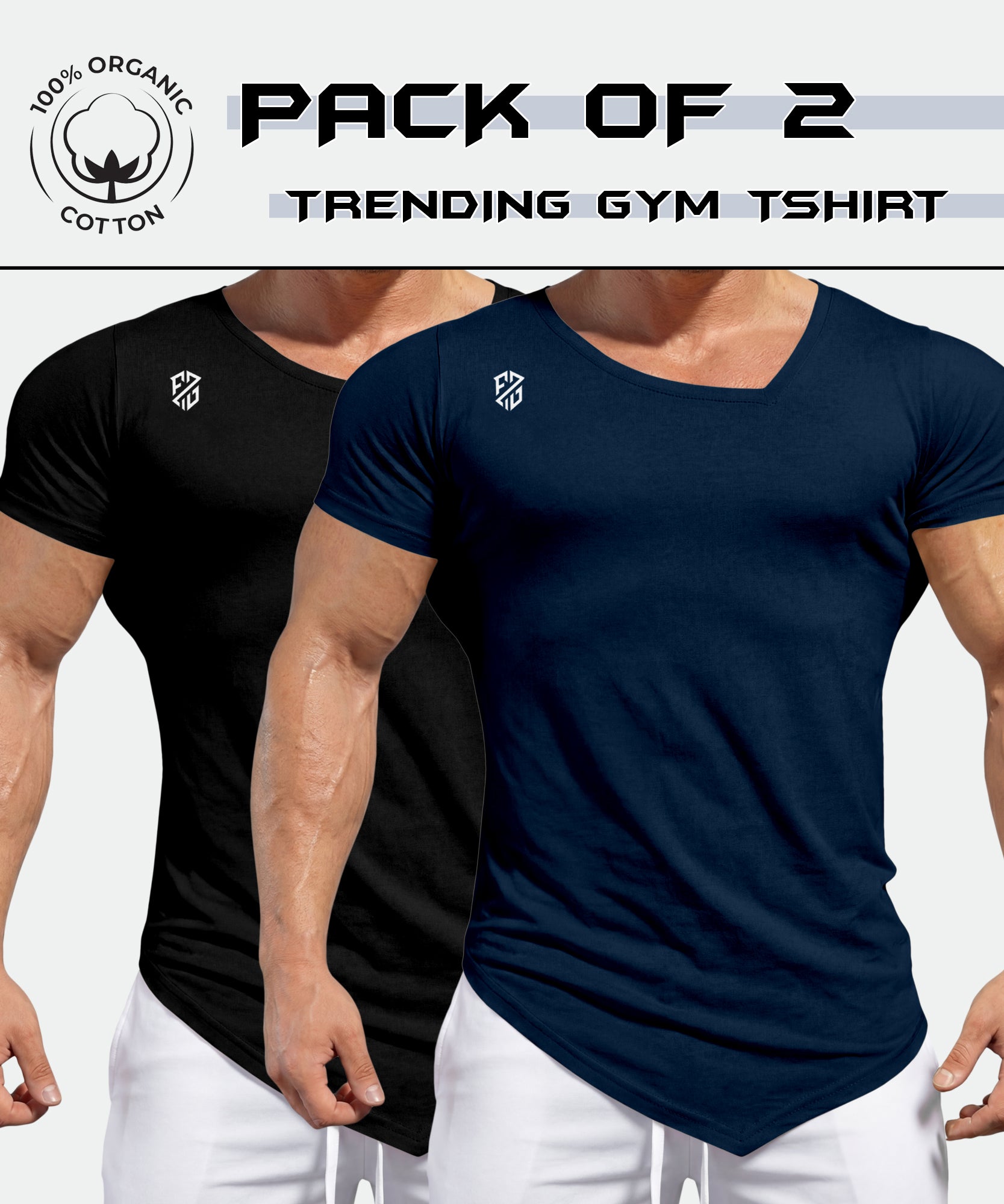 Pack of 2 trending gym t-shirts for men, black and navy, 100% organic cotton, short sleeves