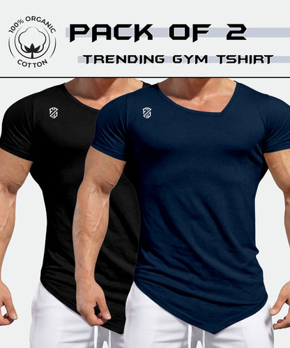Pack of 2 trending gym t-shirts for men, black and navy, 100% organic cotton, short sleeves