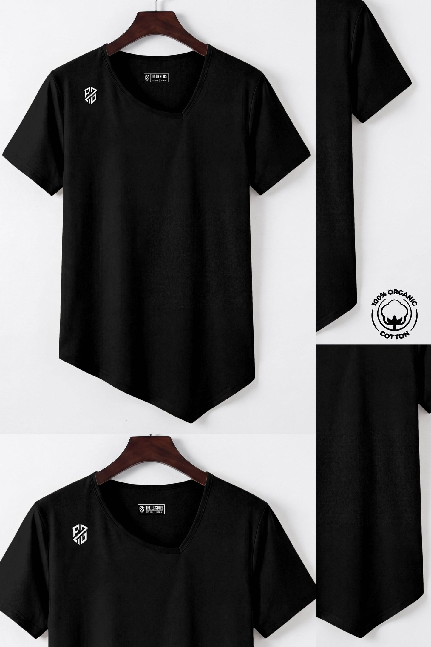 Black organic cotton t-shirt with geometric logo and asymmetrical hem on hanger