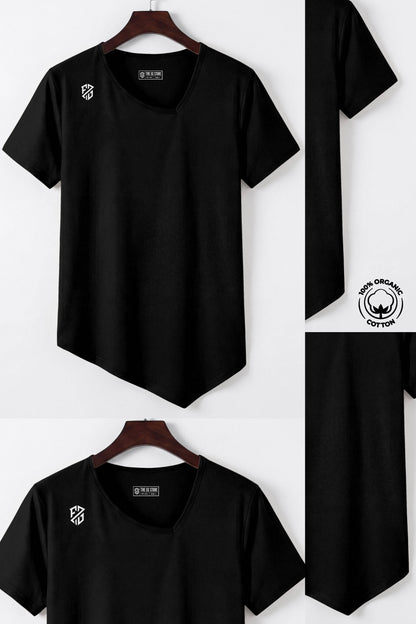 Black organic cotton t-shirt with geometric logo and asymmetrical hem on hanger
