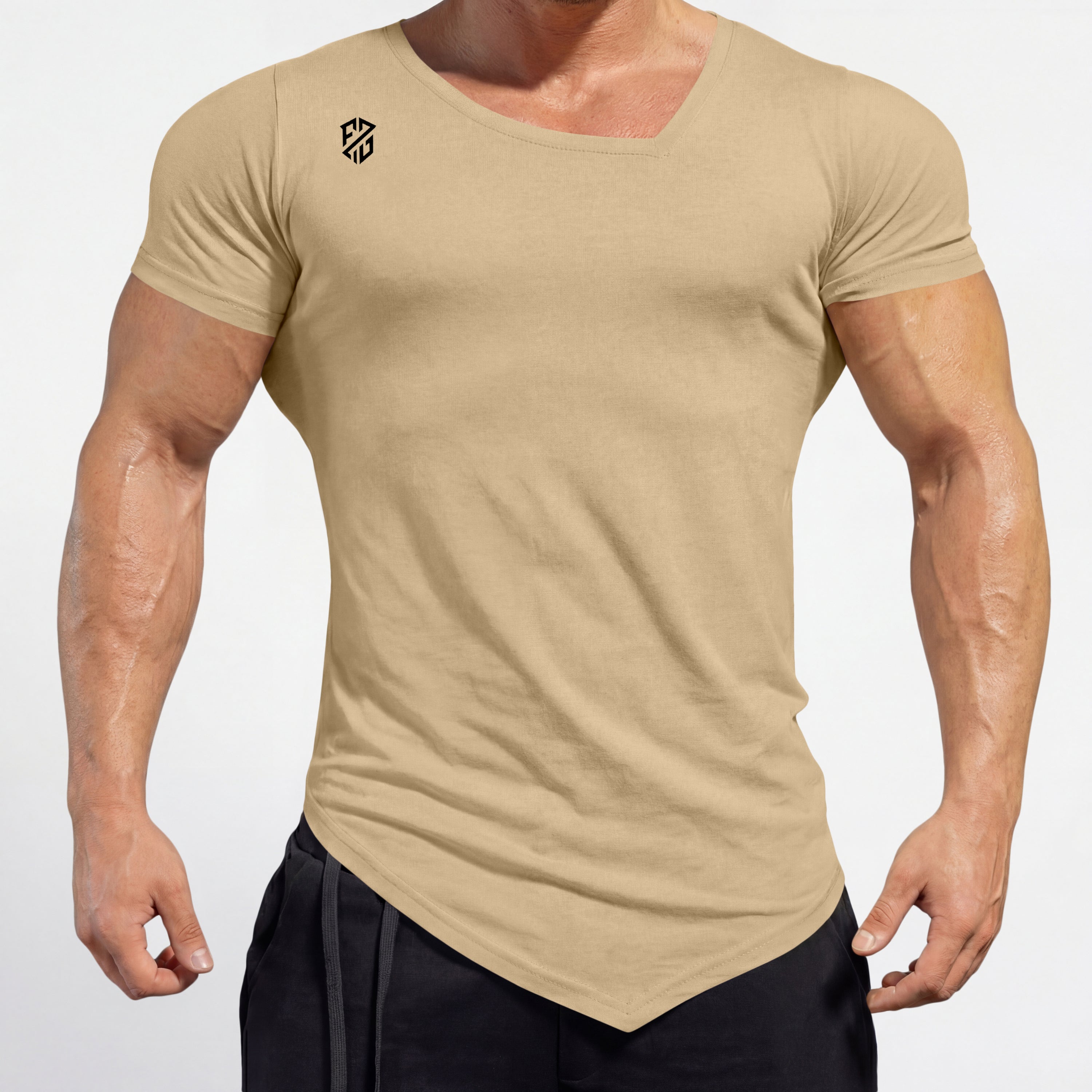 Muscle Fit Cream Gym T Shirt For Men- Asymmetrical Neck & V-Hem